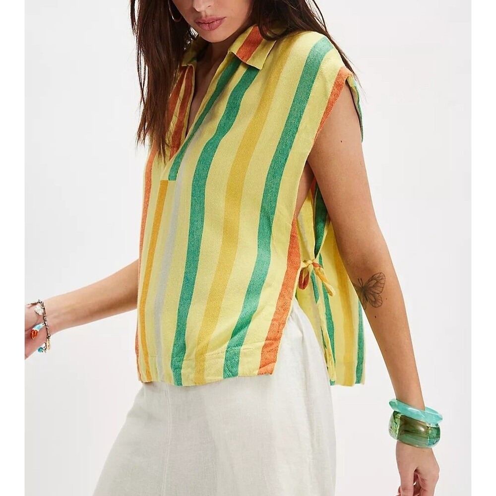 Free People Free-est Vacay Rhythm Blouse Top Wide Stripe Print V Neck XS 287011
